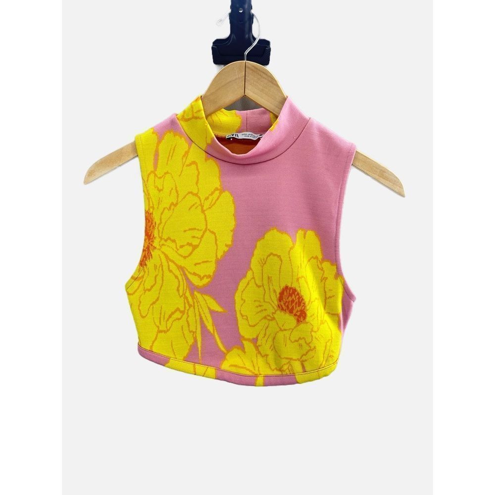 Zara Pink Yellow Floral Mock Neck Crop Top Sleeveless Size Small - Picture 2 of 4